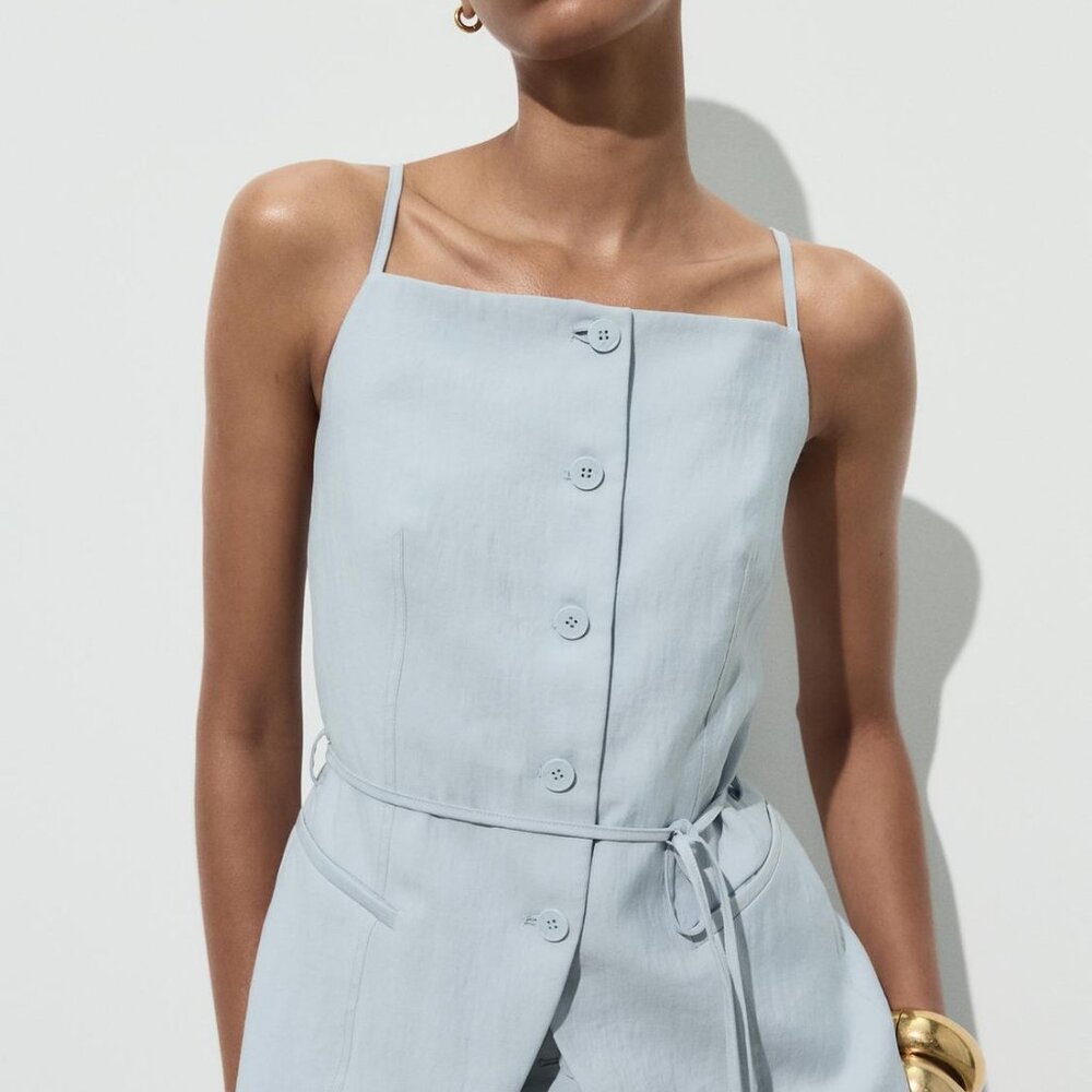 Zara Light Blue Beaded Belt Vest & High-Waisted Straight Leg Pants Co-Ord Set XS - Picture 2 of 16